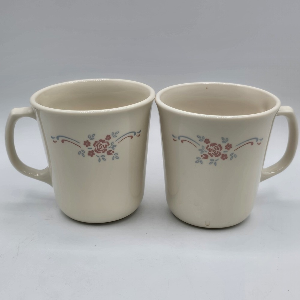 Corning USA English Breakfast Coffee Mugs Set of 2 Ivory Pink Blue Roses